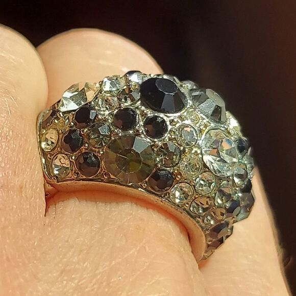 Vintage Black, Grey, White/Clear Rhinestone Statement Ring - Adjustable Band - Picture 4 of 12